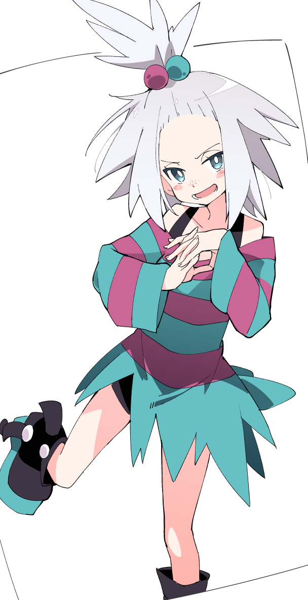 1girl aqua_eyes black_footwear blush boots dress grey_hair gym_leader hair_bobbles hair_ornament homika_(pokemon) ixy long_sleeves looking_at_viewer open_mouth platform_boots platform_footwear pokemon pokemon_(game) pokemon_bw2 short_hair simple_background solo standing standing_on_one_leg striped striped_dress white_background