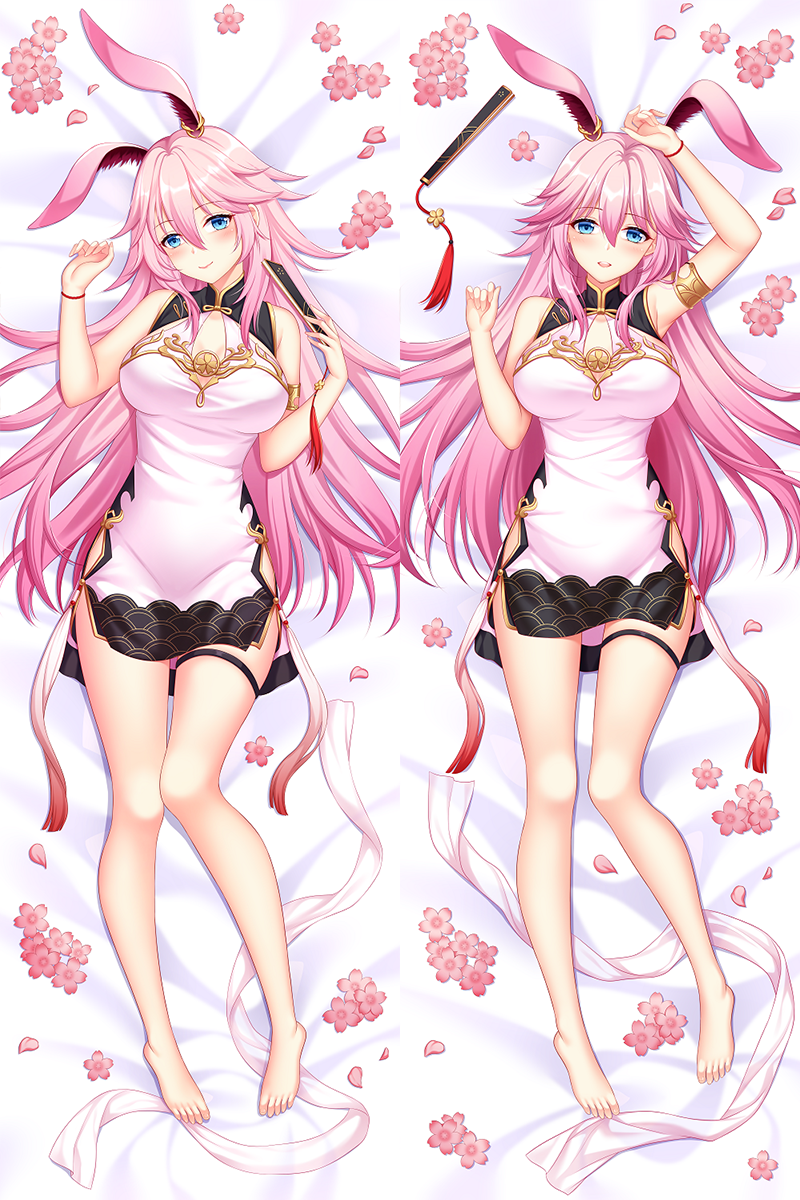 animal_ears arm_strap blue_eyes blush breast_cutout breasts china_dress chinese_clothes commentary commentary_request dakimakura dress eyebrows eyebrows_visible_through_hair fan flower folding_fan hair_between_eyes highres honkai_(series) honkai_impact_3rd long_hair looking_at_viewer medium_breasts meng_lea petals pink_hair sile thigh_strap very_long_hair yae_sakura