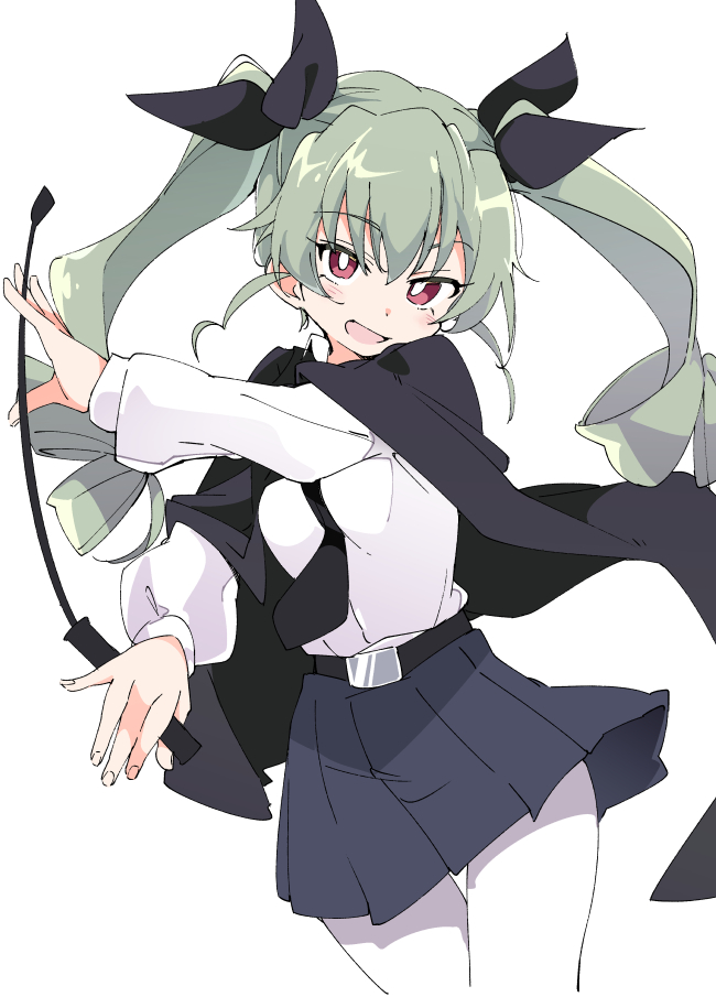1girl anchovy anzio_school_uniform bangs belt bright_pupils cape drill_hair girls_und_panzer green_hair hair_ribbon ixy long_hair necktie open_mouth pantyhose red_eyes ribbon school_uniform simple_background skirt smile solo twin_drills twintails white_background white_pupils