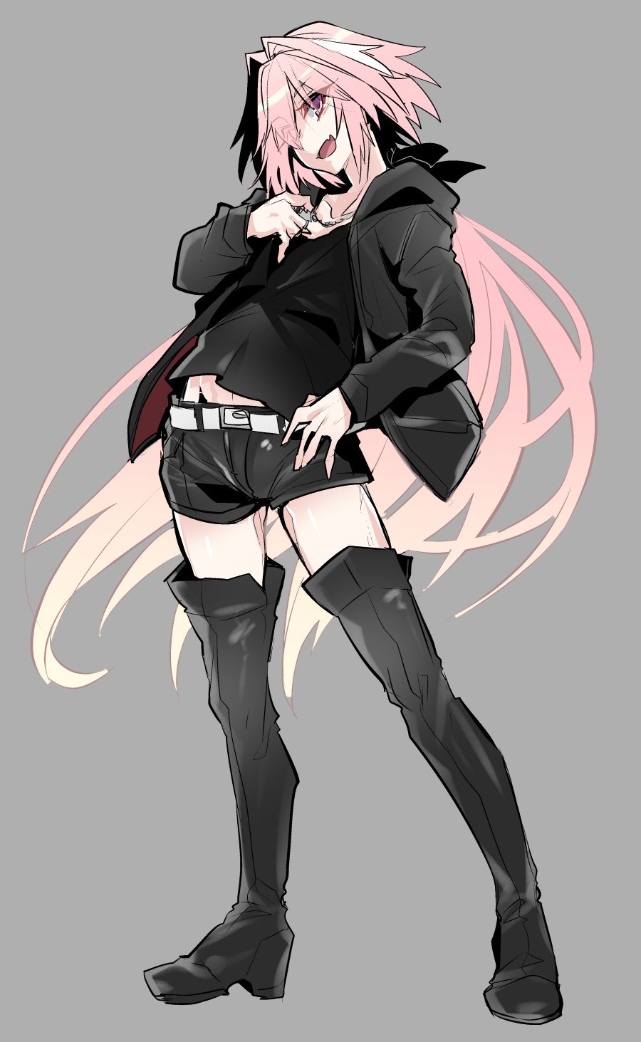 1boy astolfo_(fate) belt black_bow black_footwear black_hoodie black_ribbon black_shirt black_shorts boots bow commentary_request denim denim_shorts eyebrows_visible_through_hair eyes_visible_through_hair fang fate/apocrypha fate_(series) grey_background hair_down hair_intakes hand_on_hip haoro highres long_hair long_sleeves male_focus multicolored_hair pink_eyes pink_hair ribbon saber_alter_costume_ver._shinjuku_1999 shirt shorts simple_background skin_fang solo standing streaked_hair thigh-highs thigh_boots very_long_hair white_belt white_hair zettai_ryouiki