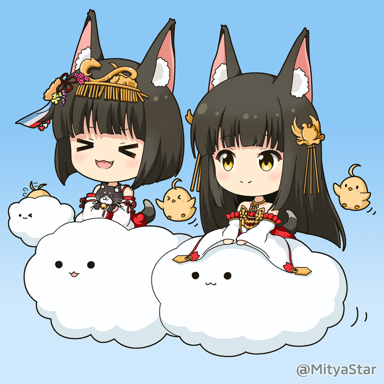 &gt;_&lt; 2girls :d animal animal_ear_fluff animal_ears animal_hug azur_lane bangs bird black_hair blue_background blush brown_eyes cat chibi chick closed_eyes closed_mouth clouds commentary_request detached_sleeves dress eyebrows_visible_through_hair fang fox_ears fox_girl fox_tail headpiece long_hair long_sleeves manjuu_(azur_lane) miicha multiple_girls mutsu_(azur_lane) nagato_(azur_lane) open_mouth pleated_dress red_dress sidelocks sleeves_past_wrists smile strapless strapless_dress tail twitter_username very_long_hair white_sleeves wide_sleeves xd