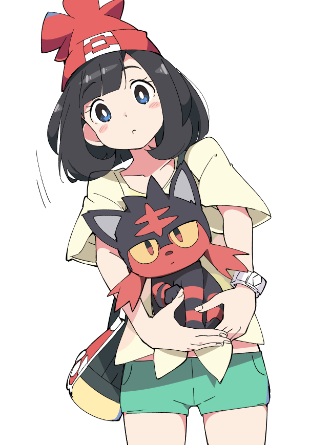 1girl bag beanie black_hair blue_eyes carrying gen_7_pokemon green_shorts hat ixy litten looking_at_viewer mizuki_(pokemon) pokemon pokemon_(creature) pokemon_(game) pokemon_sm red_headwear shirt short_hair shorts simple_background t-shirt watch white_background yellow_shirt