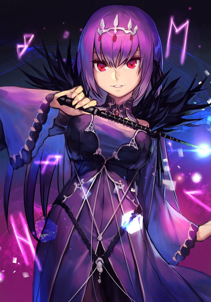 1girl bangs breasts detached_collar dress fate/grand_order fate_(series) feather_trim hair_between_eyes hankuri holding holding_wand jewelry large_breasts long_hair long_sleeves looking_at_viewer parted_lips pendant purple_dress purple_hair red_eyes runes scathach_(fate)_(all) scathach_skadi_(fate/grand_order) smile solo tiara wand