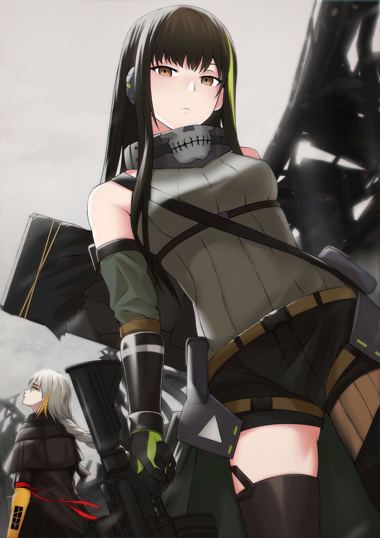 2girls assault_rifle bangs black_legwear black_shorts blonde_hair braid breasts brown_eyes brown_hair bushidokuroi clouds cloudy_sky expressionless eyebrows_visible_through_hair gas_mask girls_frontline gloves green_hair green_sweater gun hair_between_eyes headphones highres holding jacket long_hair looking_at_viewer m16a1_(girls_frontline)_(boss) m4_carbine m4a1_(girls_frontline) mod3_(girls_frontline) multicolored_hair multiple_girls outdoors ribbed_sweater rifle sangvis_ferri shirt short_shorts shorts sidelocks sky snap-fit_buckle snowing streaked_hair sweater sweater_vest thigh-highs weapon weapon_case white_hair yellow_eyes