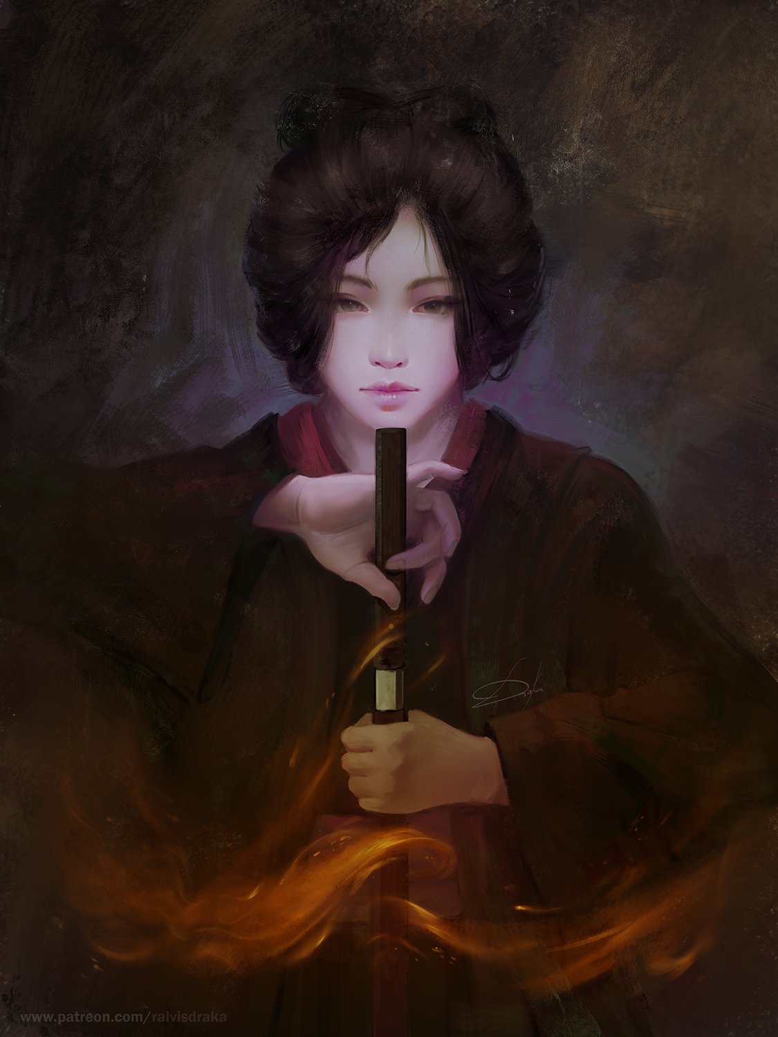 1girl artist_name brown_eyes brown_hair commentary emma_the_gentle_blade english_commentary hair_bun highres holding holding_sword holding_weapon japanese_clothes katana kimono lips looking_at_viewer nose portrait raivis_draka sekiro:_shadows_die_twice sheath solo sword unsheathing updo upper_body weapon