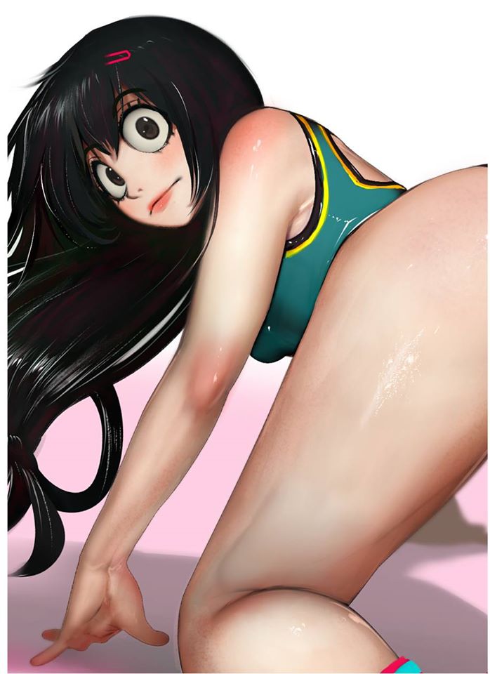 asui_tsuyu athletic black_eyes black_hair blush boku_no_hero_academia breasts from_behind looking_back on_all_fours one_piece_swimsuit pale_skin randy_starfru1t small_breasts swimsuit