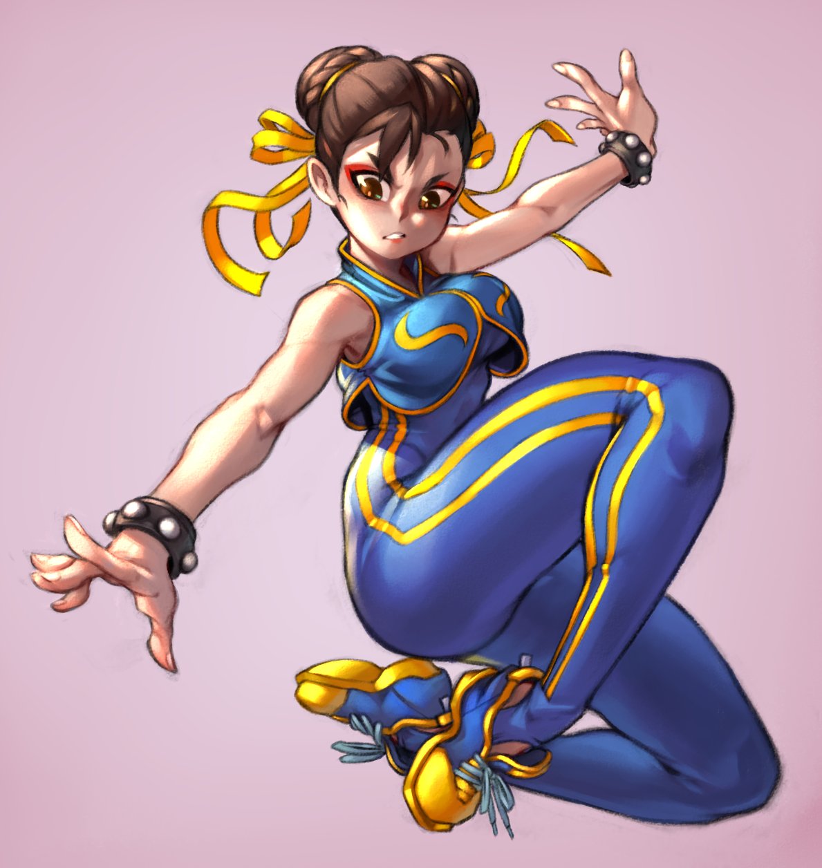 1girl breasts brown_eyes brown_hair chun-li double_bun eyeshadow fighting_stance full_body hair_ribbon highres kelvin_hiu kneeling makeup medium_breasts ribbon shoes sleeveless sneakers solo stirrup_legwear street_fighter street_fighter_zero_(series) striped studded_bracelet thick_thighs thighs toeless_legwear unitard vertical_stripes vest yellow_ribbon