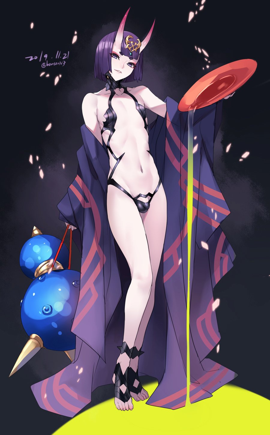 1boy ban bangs bare_shoulders barefoot_sandals bob_cut bulge collarbone cup dated eyeliner fate_(series) full_body genderswap genderswap_(ftm) headpiece highres horns japanese_clothes kimono legs long_sleeves looking_at_viewer makeup off_shoulder oni oni_horns open_clothes open_kimono parted_lips pouring purple_hair purple_kimono revealing_clothes sakazuki short_eyebrows short_hair shuten_douji_(fate/grand_order) skin-covered_horns smile solo toes violet_eyes white_background wide_sleeves