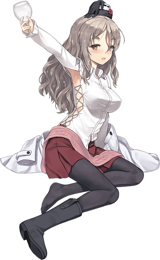 1girl alcohol blouse boots breasts cup drinking_glass eyebrows full_body gloves hair_between_eyes hat jiji kantai_collection knee_boots large_breasts long_coat long_hair long_sleeves mini_hat miniskirt no_shoes official_art on_floor pantyhose pola_(kantai_collection) single_boot skirt smile solo sparkle thick_eyebrows transparent_background wavy_hair wine_glass