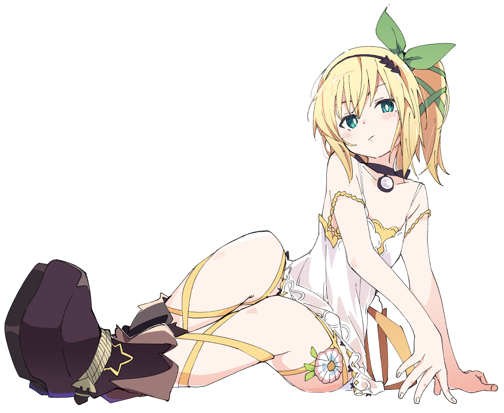 1girl bare_shoulders black_choker black_hairband blonde_hair boots brown_footwear choker closed_mouth edna_(tales) full_body green_eyes green_hairband hairband ixy looking_at_viewer off_shoulder short_hair side_ponytail simple_background sitting solo tales_of_(series) tales_of_zestiria white_background