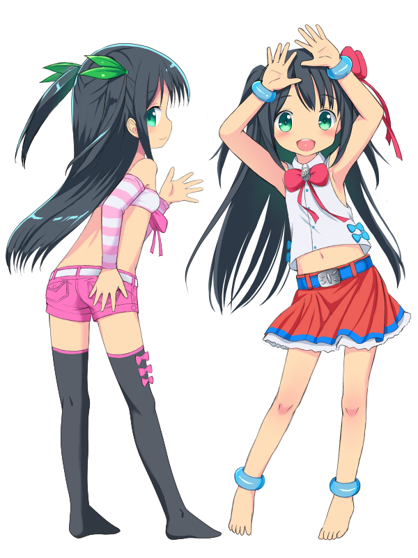 1girl :d arm_warmers arms_up bandeau bangs bare_shoulders barefoot belt belt_buckle black_hair black_legwear blue_belt blush bow breasts buckle closed_mouth commentary_request eyebrows_visible_through_hair green_eyes green_ribbon hair_bow hair_ribbon kimagure_blue long_hair looking_at_viewer midriff multiple_views navel no_shoes open_mouth original pink_bow pink_shorts pleated_skirt profile red_bow red_skirt ribbon shirt short_shorts shorts simple_background skirt sleeveless sleeveless_shirt small_breasts smile strapless striped thigh-highs two_side_up very_long_hair white_background white_shirt