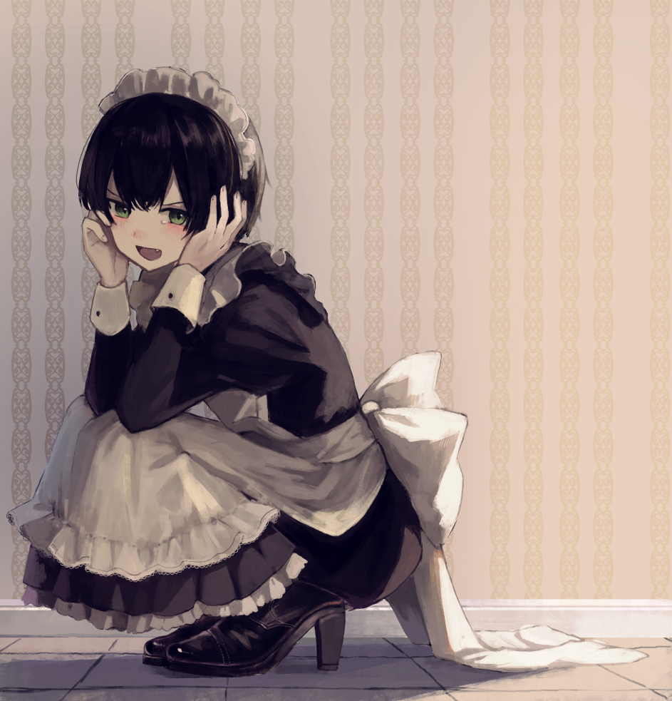 1boy apron bangs black_dress black_footwear black_hair blush bow copyright_request crossdressinging dress fang frilled_dress frills full_body green_eyes hair_between_eyes hands_up high_heels juliet_sleeves long_sleeves looking_at_viewer maid maid_apron maid_headdress male_focus puffy_sleeves shoes smile solo squatting v-shaped_eyebrows white_apron white_bow yumegi_(bitter_orange215)