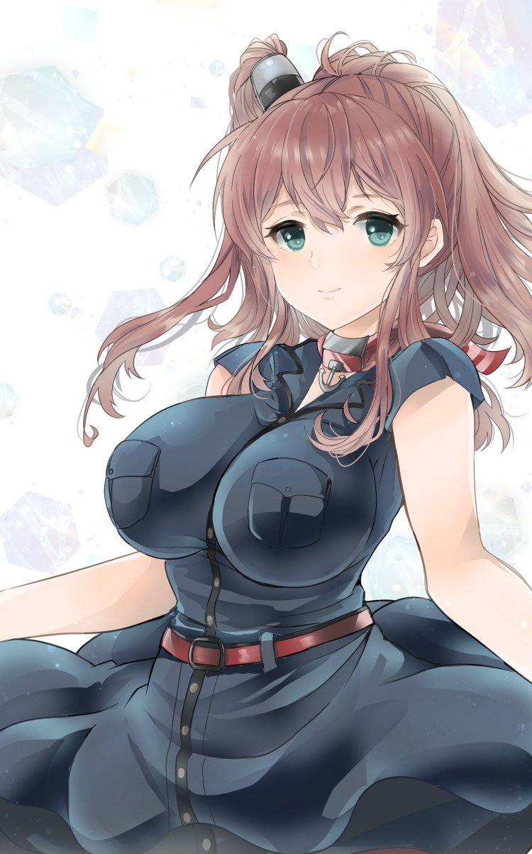 1girl anchor belt black_dress breast_pocket breasts brown_hair dress green_eyes hair_between_eyes hair_ornament highres kantai_collection karin_bluez3 large_breasts medium_hair neckerchief pocket ponytail red_neckwear remodel_(kantai_collection) saratoga_(kantai_collection) side_ponytail sidelocks smokestack