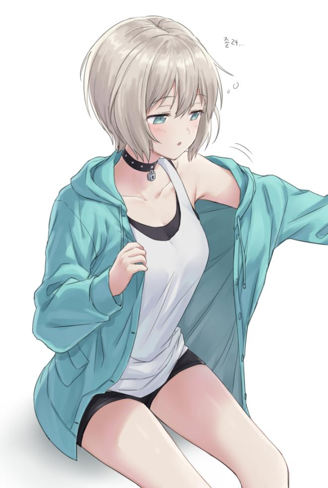 1girl :o aoba_moca aqua_eyes aqua_jacket bang_dream! bangs black_camisole black_choker black_neckwear black_shorts blush breasts camisole choker collarbone commentary_request cowboy_shot drawstring eyebrows_visible_through_hair grey_hair hair_between_eyes hood hood_down hooded_jacket jacket korean_commentary korean_text kuaaaa_73 lock long_sleeves looking_away medium_breasts open_clothes open_jacket padlock shadow short_hair short_shorts shorts simple_background sitting solo thighs white_background white_camisole