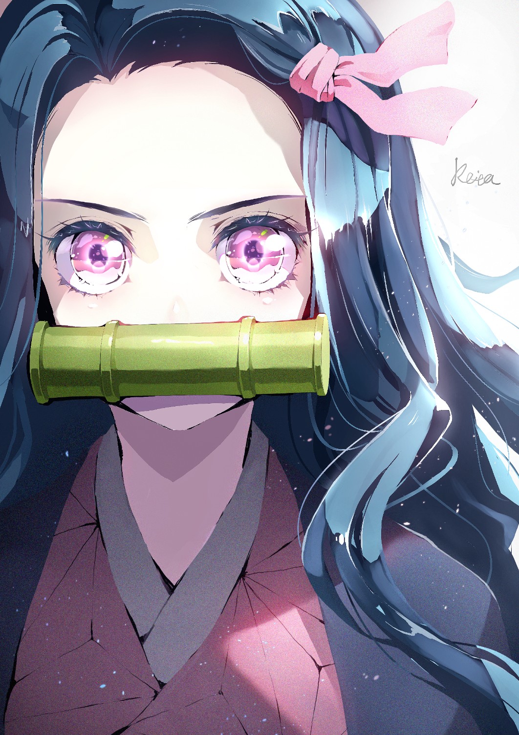 1girl bamboo bangs bit_gag black_hair blush commentary_request forehead gag hair_ribbon highres hoshizaki_reita japanese_clothes kamado_nezuko kimetsu_no_yaiba kimono long_hair looking_at_viewer mouth_hold open_clothes parted_bangs pink_eyes pink_kimono pink_ribbon ribbon signature solo upper_body v-shaped_eyebrows