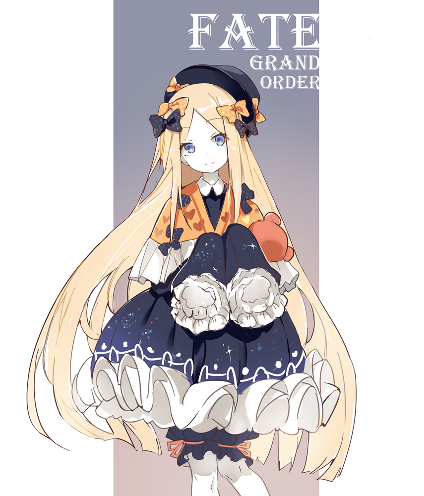 1girl abigail_williams_(fate/grand_order) adapted_costume bangs black_bow black_dress black_headwear blonde_hair blue_eyes bow capelet closed_mouth commentary copyright_name dress eyebrows_visible_through_hair fate/grand_order fate_(series) forehead hair_bow hat long_hair long_sleeves looking_at_viewer mitu_yang object_hug orange_bow orange_capelet parted_bangs polka_dot polka_dot_bow sleeves_past_fingers sleeves_past_wrists smile solo stuffed_animal stuffed_toy symbol_commentary teddy_bear thigh-highs very_long_hair white_legwear