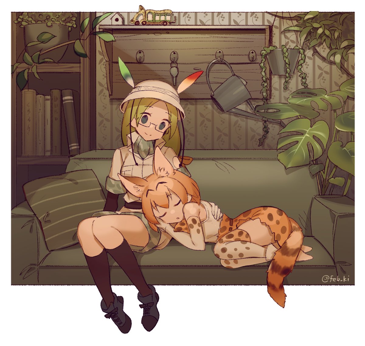 2girls animal_ears bare_shoulders black_gloves black_legwear blonde_hair blue_eyes boots bow bowtie camouflage_trim closed_eyes couch curled_up elbow_gloves eyebrows_visible_through_hair feb_ki glasses gloves green_hair hair_tie hand_on_another's_shoulder hat_feather helmet high-waist_skirt kemono_friends kemono_friends_3 khakis long_hair mirai_(kemono_friends) multiple_girls pith_helmet print_gloves print_legwear print_neckwear print_skirt serval_(kemono_friends) serval_ears serval_girl serval_print serval_tail shirt shoes short_hair shorts sitting skirt sleeping sleeping_on_person sleeveless socks tail thigh-highs uniform white_shirt zettai_ryouiki