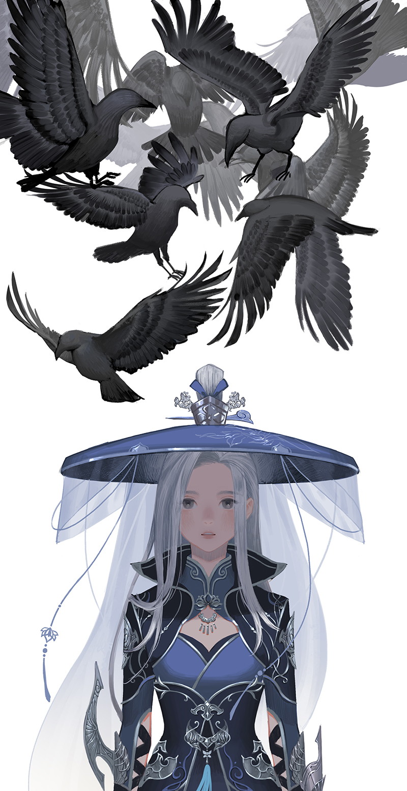 1girl animal arms_at_sides bird blade blue_headwear breasts crow grey_eyes grey_hair hair_ornament hair_stick hat highres jewelry kikichan long_hair looking_at_viewer moonlight_blade parted_lips pendant see-through simple_background solo tassel topknot upper_body veil white_background