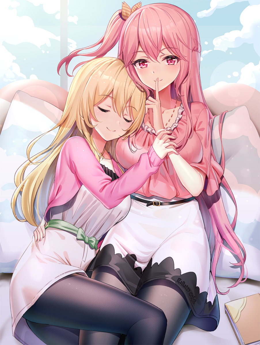 2girls bed_sheet black_legwear blonde_hair blush book braid breasts closed_eyes closed_mouth commentary_request emily_stock finger_to_mouth futuba_(zhuoyandesailaer) grey_shirt hair_ribbon highres jacket large_breasts long_hair long_sleeves multiple_girls one_side_up original pantyhose pillow pink_hair pink_jacket pink_shirt red_eyes ribbon ririko_(zhuoyandesailaer) shirt short_sleeves shushing skirt sleeping sleeves_past_wrists smile very_long_hair white_skirt wide_sleeves