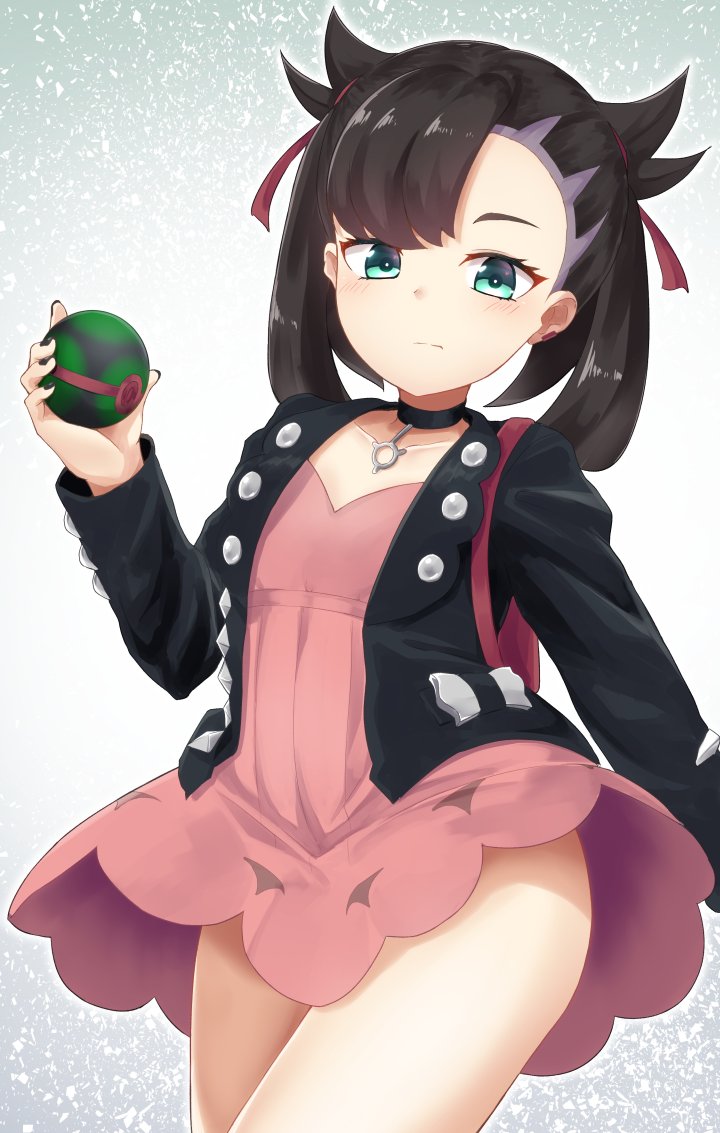1girl black_choker black_hair black_jacket blush choker closed_mouth collarbone commentary_request dress dusk_ball green_eyes hair_ribbon holding holding_poke_ball jacket long_hair long_sleeves looking_at_viewer mary_(pokemon) nenosame open_clothes open_jacket pink_dress poke_ball pokemon pokemon_(game) pokemon_swsh red_ribbon ribbon solo twintails