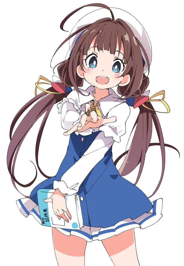 1girl :d ahoge bangs blue_eyes blush brown_hair hat hinatsuru_ai ixy long_hair long_sleeves looking_at_viewer low_twintails open_mouth ryuuou_no_oshigoto! school_uniform short_over_long_sleeves short_sleeves shougi_piece simple_background smile solo teeth twintails upper_teeth white_background white_headwear