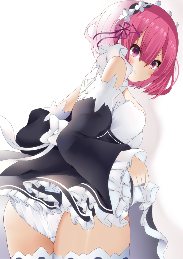 &gt;:) 1girl ass bangs bare_shoulders breasts closed_mouth cowboy_shot detached_sleeves dress dress_lift eyebrows_visible_through_hair eyes_visible_through_hair hair_between_eyes hair_ornament hidaka0503 juliet_sleeves legs_together lifted_by_self long_sleeves looking_at_viewer maid maid_headdress medium_breasts panties pink_eyes pink_hair puffy_sleeves ram_(re:zero) re:zero_kara_hajimeru_isekai_seikatsu short_hair solo thigh-highs underwear v-shaped_eyebrows white_background white_legwear white_panties wide_sleeves x_hair_ornament