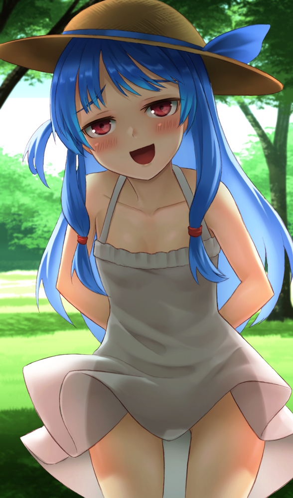 1girl :d arms_behind_back bangs bare_shoulders blue_hair blue_ribbon blush brown_headwear collarbone cowboy_shot dress eyebrows_visible_through_hair flat_chest furrowed_eyebrows grass hat hat_ribbon kotonoha_aoi kurione_(zassou) legs_apart long_hair looking_at_viewer one_side_up open_mouth outdoors pink_eyes ribbon smile solo sun_hat sundress thighs tree voiceroid white_dress