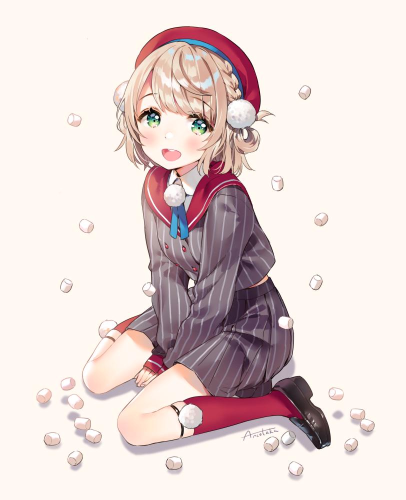 1girl :d ancotaku beige_background beret black_footwear blue_neckwear blue_ribbon braid collared_shirt commentary food full_body green_eyes grey_shirt grey_skirt hair_ornament hair_pom_pom hair_rings hat kneehighs loafers long_sleeves looking_at_viewer marshmallow medium_hair neck_ribbon open_mouth pinstripe_pattern pinstripe_shirt pinstripe_skirt platinum_blonde_hair pleated_skirt pom_pom_(clothes) red_headwear red_legwear red_sailor_collar ribbon sailor_collar shigure_ui_(channel) shigure_ui_(vtuber) shirt shoes signature sitting skirt sleeve_cuffs smile sock_garters solo striped virtual_youtuber wariza