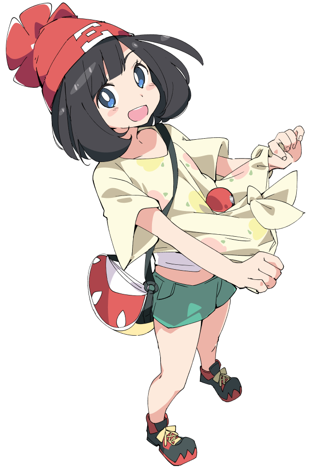 1girl bag beanie black_hair blue_eyes blush full_body green_shorts hat ixy looking_at_viewer mizuki_(pokemon) open_mouth poke_ball poke_ball_(generic) pokemon pokemon_(game) pokemon_sm red_headwear shirt shoes short_hair short_sleeves shorts simple_background solo standing teeth tied_shirt upper_teeth white_background yellow_shirt