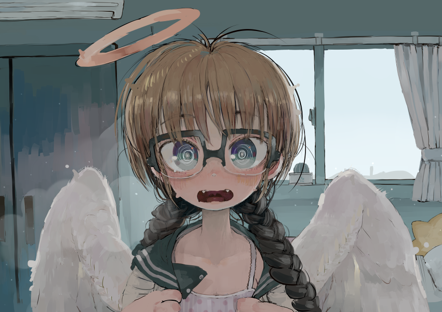 1girl air_conditioner angel angel_wings bangs blue_eyes blush braid brown_hair cactus curtains day ebimomo eyebrows_visible_through_hair fangs glasses halo indoors jacket long_hair open_clothes open_jacket open_mouth original solo tank_top twin_braids window wings