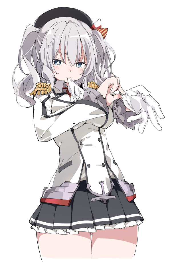 1girl adjusting_clothes adjusting_gloves bangs beret blue_eyes blush breasts epaulettes frilled_skirt frills gloves hat ixy kantai_collection kashima_(kantai_collection) long_hair long_sleeves mouth_hold silver_hair simple_background skirt solo twintails uniform wavy_mouth white_background white_gloves