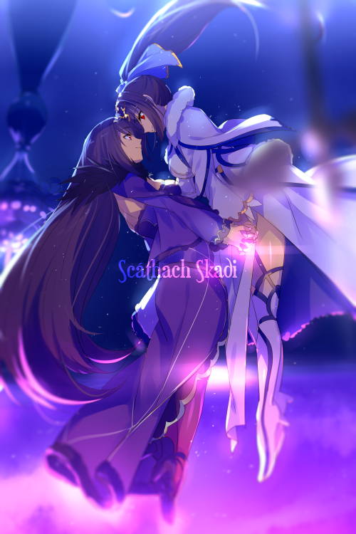 2girls bangs boots breasts capelet character_name cis05 dress dual_persona fate/grand_order fate_(series) feather_trim fur-trimmed_dress fur_trim hair_between_eyes headpiece high_heel_boots high_heels large_breasts long_hair long_sleeves multiple_girls ponytail purple_dress purple_footwear purple_hair purple_ribbon red_eyes ribbon scathach_(fate)_(all) scathach_skadi_(fate/grand_order) smile thigh-highs thigh_boots tiara