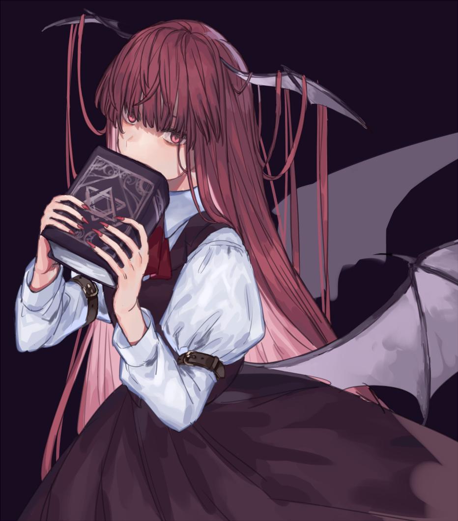 1girl arm_belt arm_garter bangs bat_wings black_background blunt_bangs book brown_skirt brown_vest bubble_skirt buckle collared_shirt commentary covering_mouth cowboy_shot dark_background demon_girl demon_wings hands_up head_wings hexagram holding holding_book juliet_sleeves koakuma layered_clothing long_hair long_skirt long_sleeves looking_at_viewer looking_to_the_side low_wings marimo_tarou messy_hair puffy_sleeves red_eyes red_nails red_neckwear redhead shaded_face shirt skirt skirt_set solo star_of_david straight_hair touhou very_long_fingernails very_long_hair vest white_shirt wings