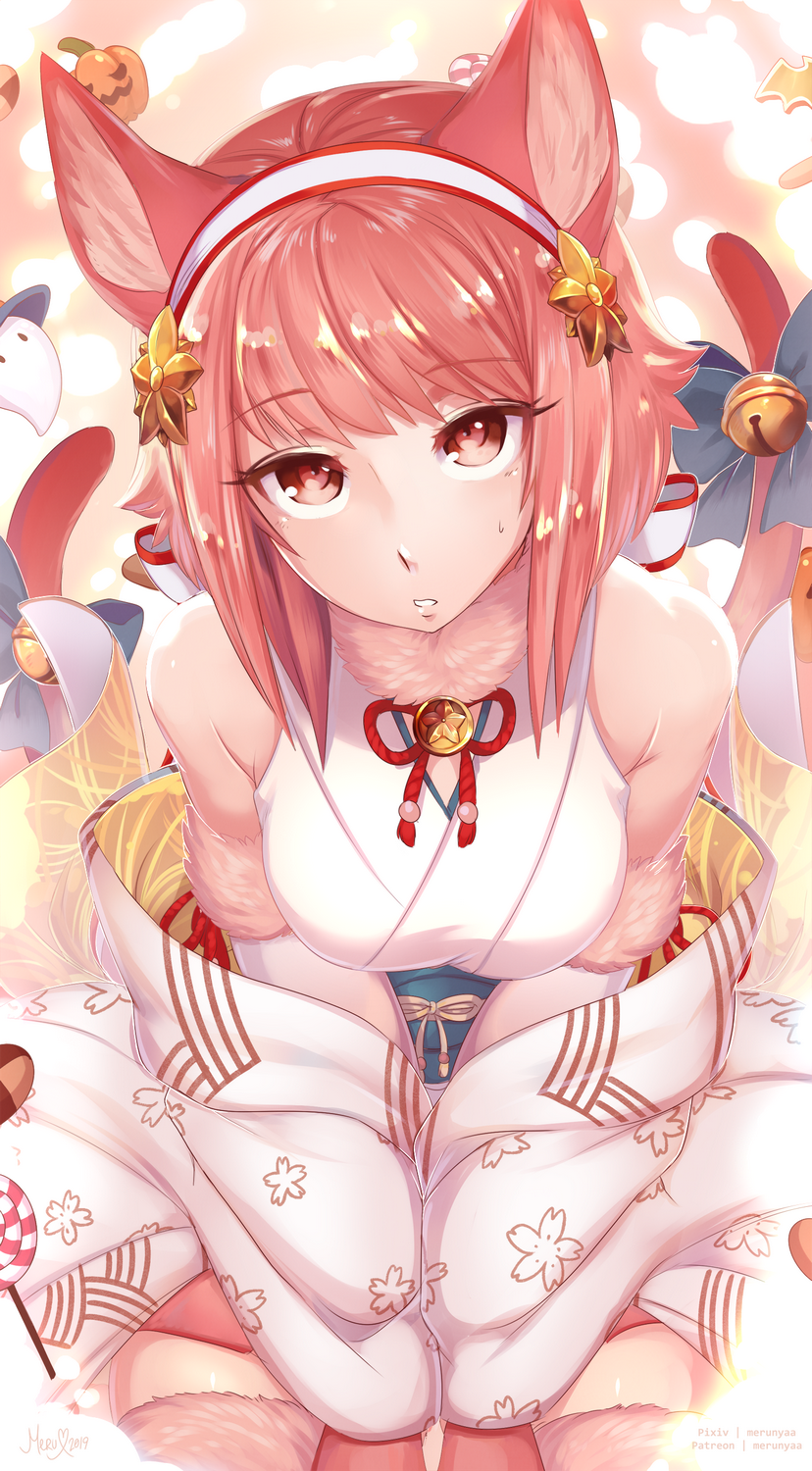 1girl animal_ear_fluff animal_ears bare_shoulders bell cat_ears cat_girl cat_tail commentary english_commentary eyebrows_visible_through_hair fire_emblem fire_emblem_fates fire_emblem_heroes fur_collar hair_ornament hairband highres japanese_clothes jingle_bell merunyaa multiple_tails parted_lips red_eyes redhead sakura_(fire_emblem) solo tail tail_bell two_tails