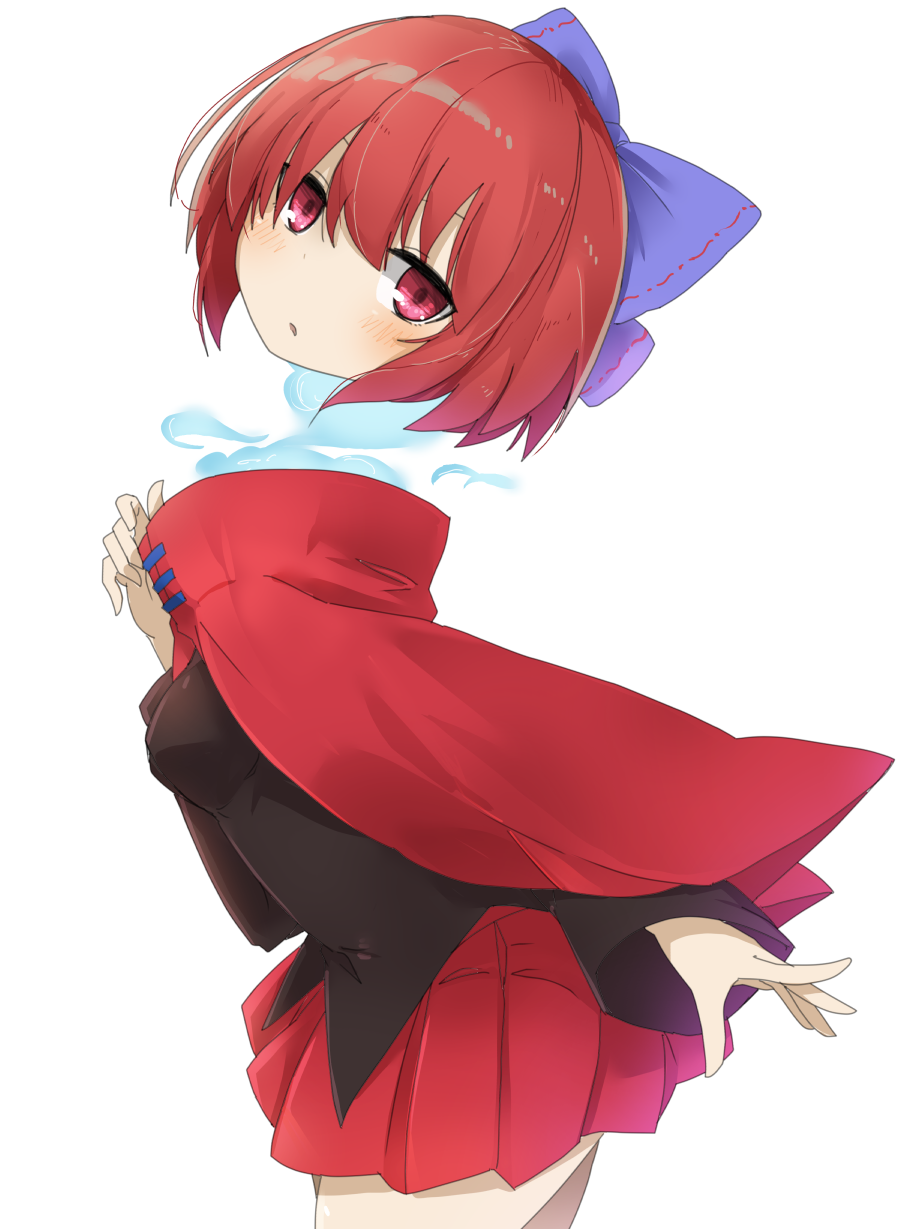 1girl bangs black_shirt blue_bow blush bow breasts cape commentary_request cowboy_shot disembodied_head hair_between_eyes hair_bow hand_up high_collar highres long_sleeves looking_at_viewer miniskirt pleated_skirt red_cape red_eyes red_skirt redhead sekibanki shirt short_hair simple_background skirt small_breasts solo standing touhou tyouseki white_background