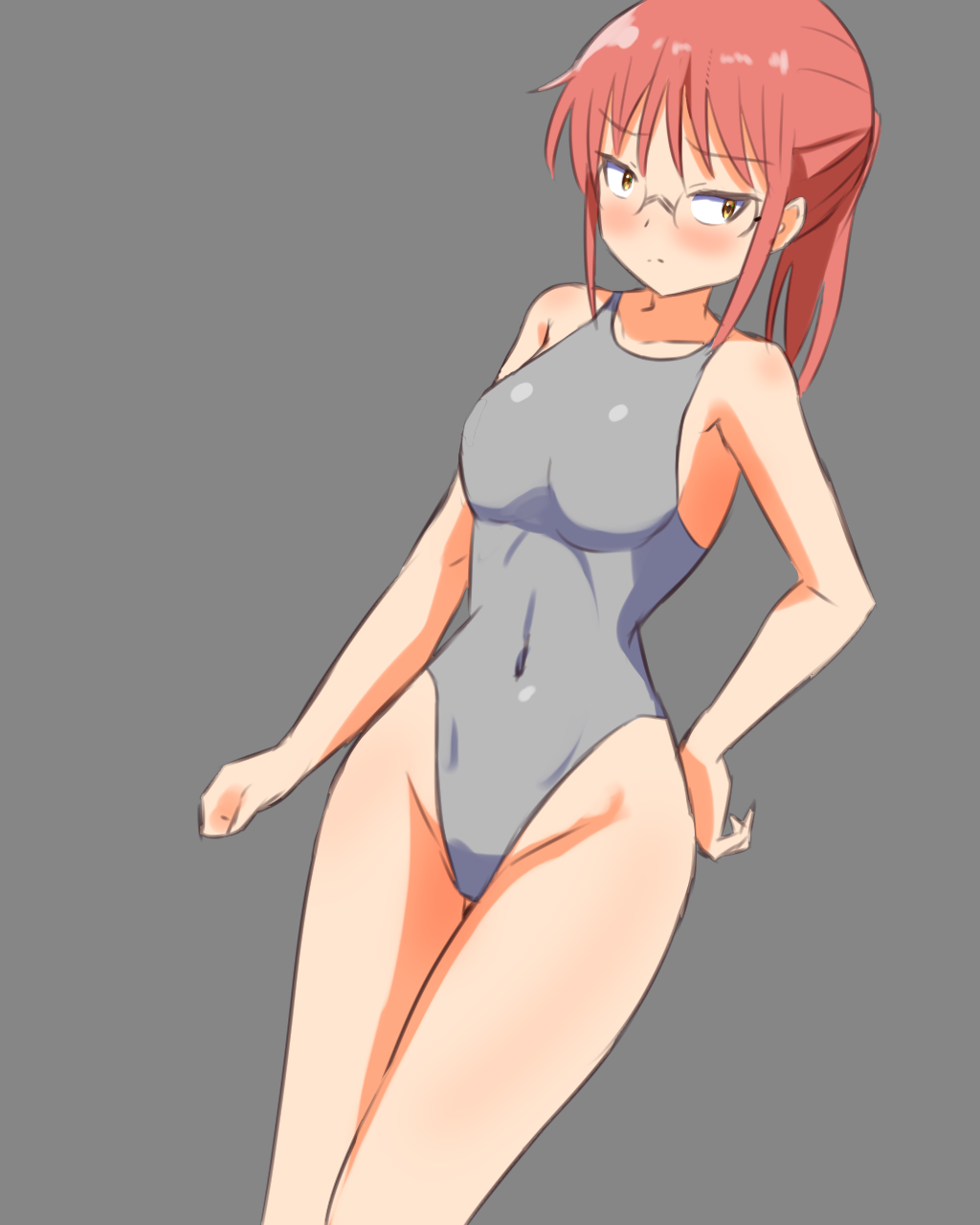 1girl armpit_peek blush breasts brown_hair clenched_hand closed_mouth collarbone competition_swimsuit covered_navel dai_den_jin eyebrows_visible_through_hair glasses grey_background grey_swimsuit groin hand_on_hip highleg highres kobayashi-san_chi_no_maidragon kobayashi_(maidragon) looking_to_the_side medium_breasts one-piece_swimsuit ponytail shiny shiny_hair short_hair simple_background solo standing swimsuit swimwear yellow_eyes