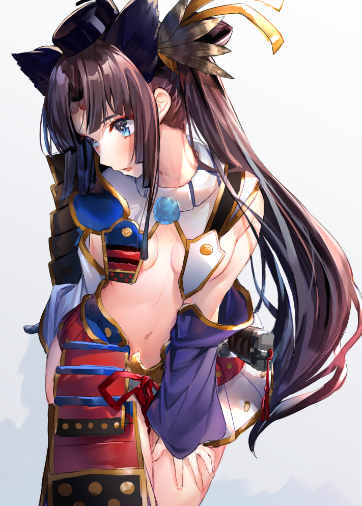 1girl armor blue_eyes blush board_game breasts fate/grand_order fate_(series) go hair_ornament hakuishi_aoi japanese_armor long_hair navel open_mouth small_breasts