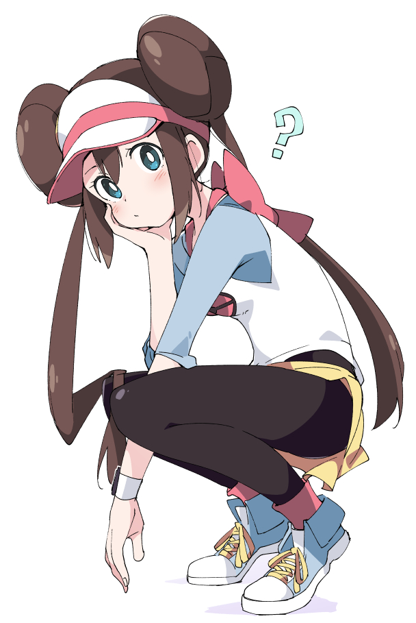 1girl ? black_legwear blue_eyes blush brown_hair full_body ixy legwear_under_shorts long_hair looking_at_viewer mei_(pokemon) pantyhose pokemon pokemon_(game) pokemon_bw2 raglan_sleeves shoes shorts simple_background solo squatting twintails visor_cap white_background yellow_shorts