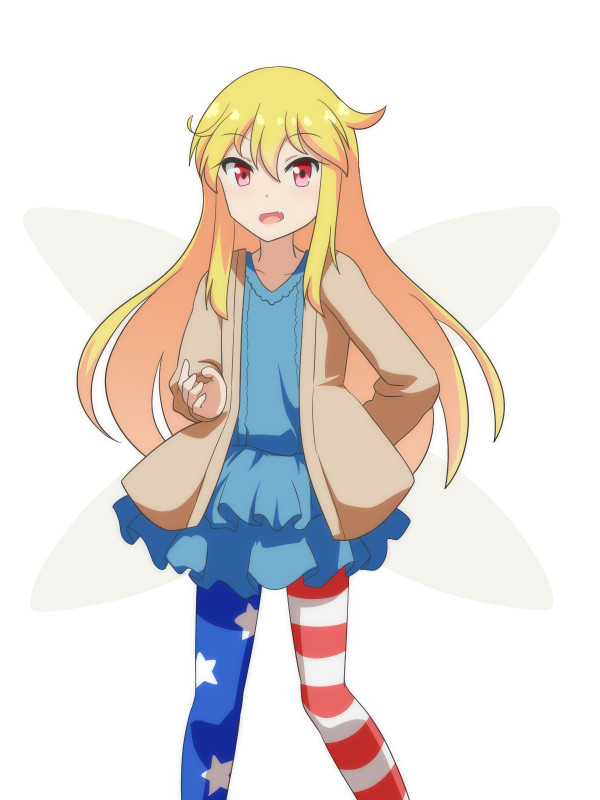 1girl alternate_costume american_flag_legwear arm_behind_back arm_up blonde_hair blue_dress brown_jacket cato_(monocatienus) clownpiece commentary_request contemporary dress eyebrows_visible_through_hair fairy_wings fang feet_out_of_frame hair_between_eyes jacket layered_dress long_hair looking_at_viewer no_hat no_headwear open_clothes open_jacket open_mouth red_eyes simple_background skin_fang solo standing touhou very_long_hair white_background wings