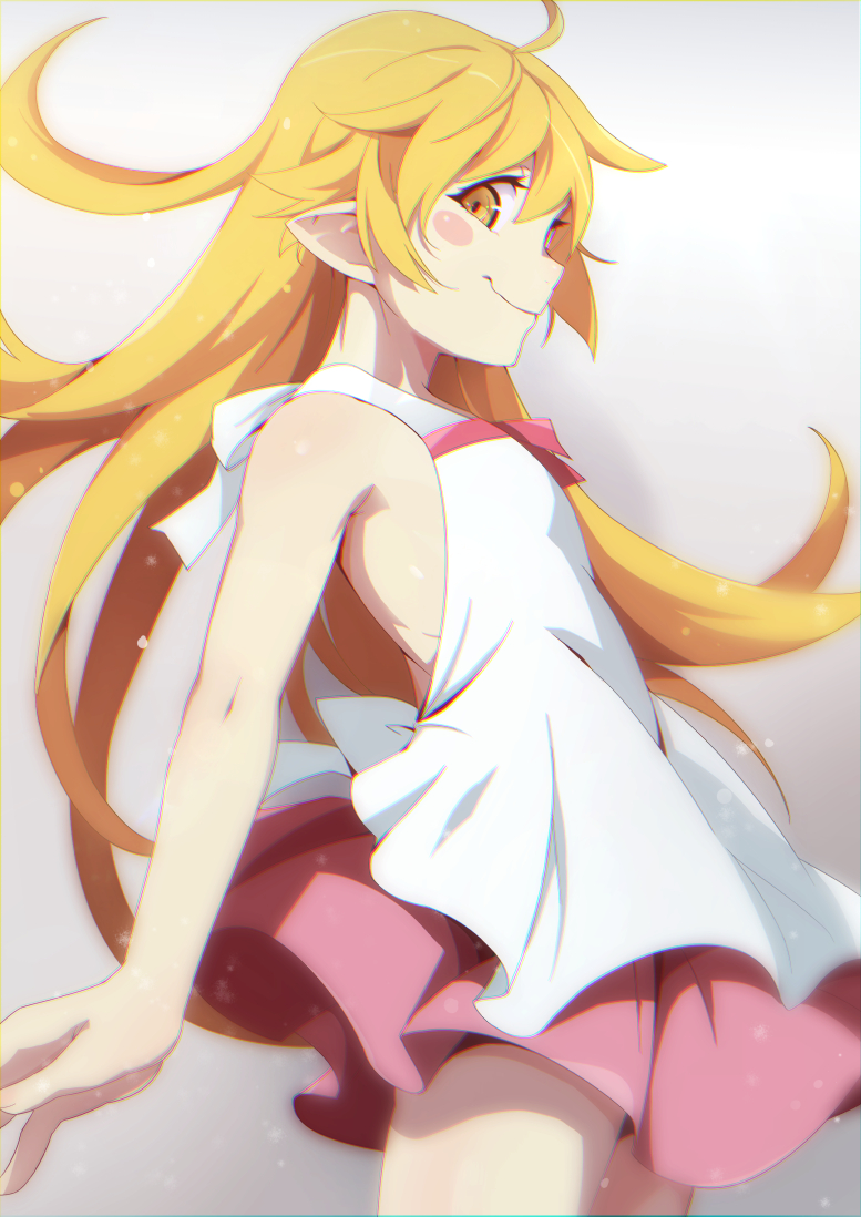 1girl backless_dress backless_outfit bare_shoulders blonde_hair blush_stickers dress gesugesu_ahoaho long_hair looking_at_viewer monogatari_(series) nisemonogatari oshino_shinobu pointy_ears smile solo white_dress yellow_eyes