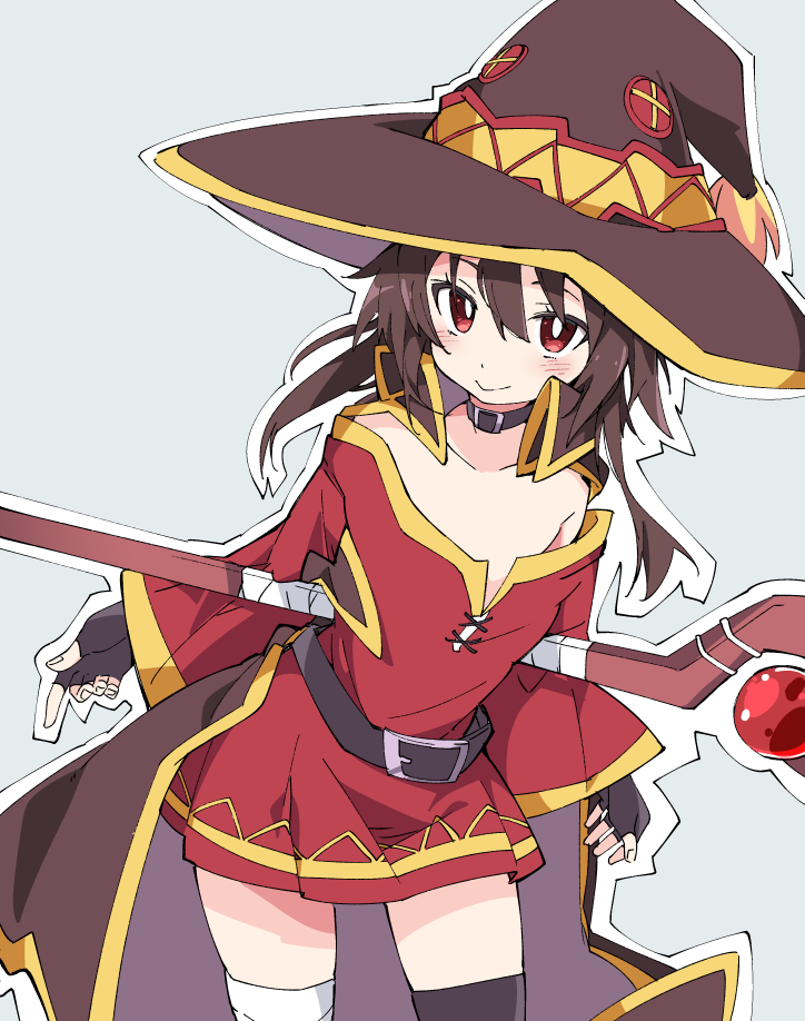 1girl bandaged_leg bandages belt black_gloves black_legwear blue_background blush brown_cape brown_hair cape closed_mouth fingerless_gloves gloves hat ixy kono_subarashii_sekai_ni_shukufuku_wo! looking_at_viewer megumin mismatched_legwear red_eyes short_hair single_thighhigh smile solo staff thigh-highs thighs witch_hat