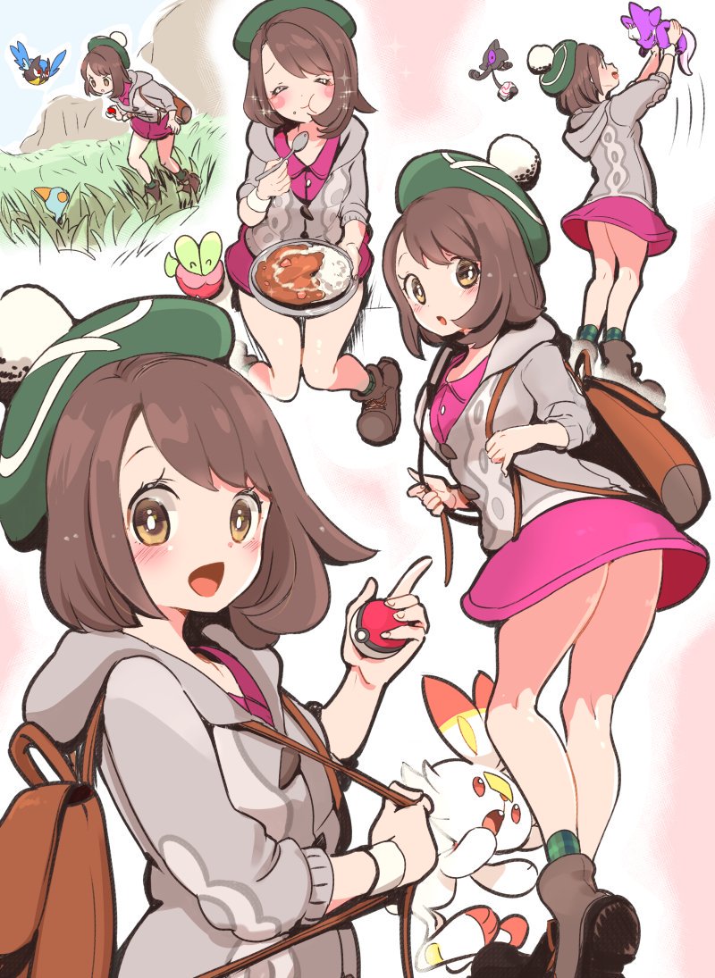 1girl applin backpack bag boots brown_hair cardigan chewtle chorimokki curry curry_rice dress eating food galarian_form galarian_yamask gen_8_pokemon grass grey_cardigan looking_at_viewer multiple_views pink_dress poke_ball poke_ball_(generic) pokemon pokemon_(game) pokemon_swsh rice rookidee scorbunny short_hair sitting smile tam_o'_shanter toxel yamask yuuri_(pokemon)