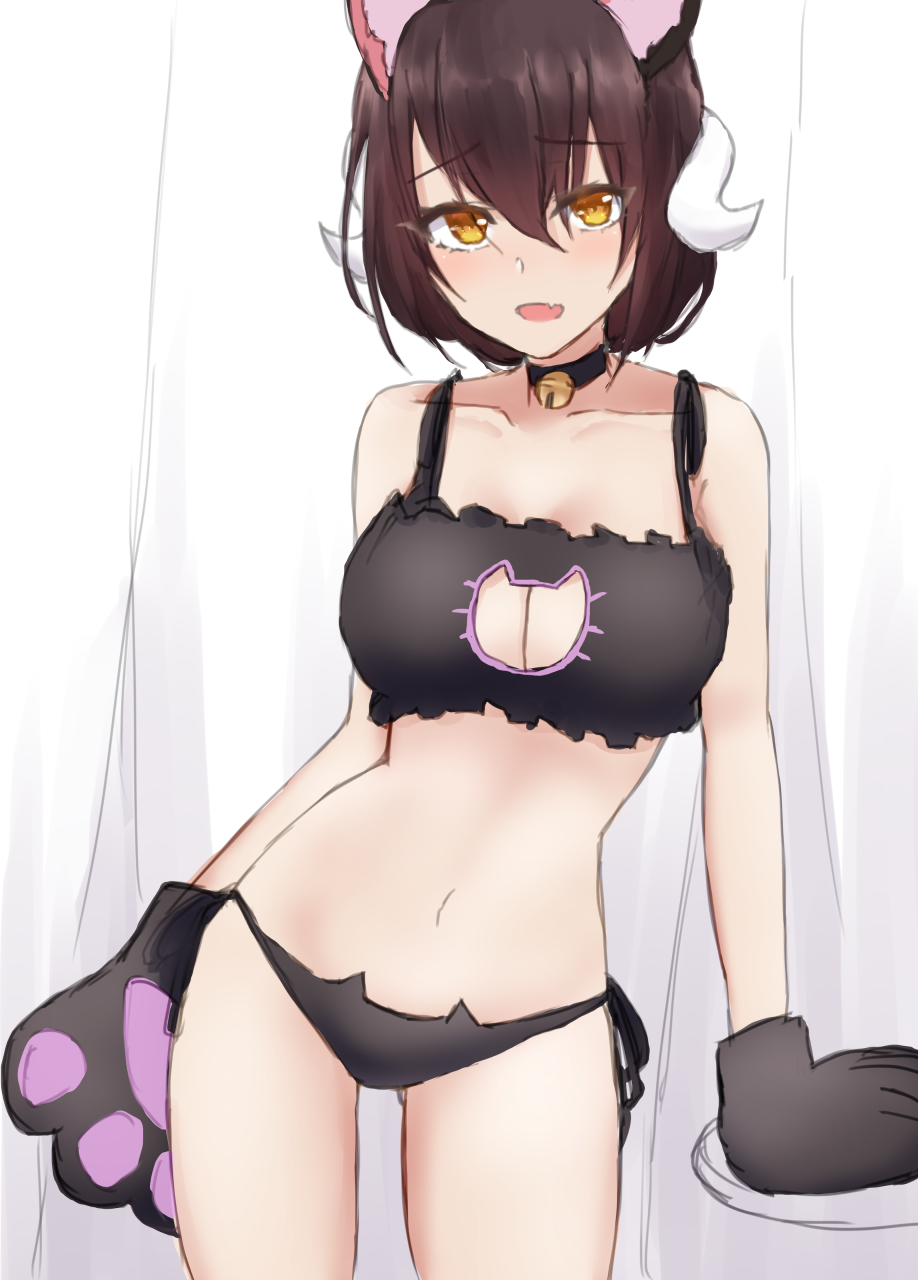 1girl animal_ears azur_lane bangs bare_shoulders bell bell_choker black_bra black_choker black_hair black_panties blush bra breasts cat_cutout cat_ears cat_lingerie cat_paws choker cleavage_cutout collarbone commentary_request contrapposto cowboy_shot curtains eyebrows_visible_through_hair fake_animal_ears fang hair_between_eyes highres horns large_breasts looking_at_viewer meme_attire mikasa_(azur_lane) navel open_mouth panties paws shirazawa short_hair side-tie_panties skin_fang smile solo standing stomach underwear yellow_eyes