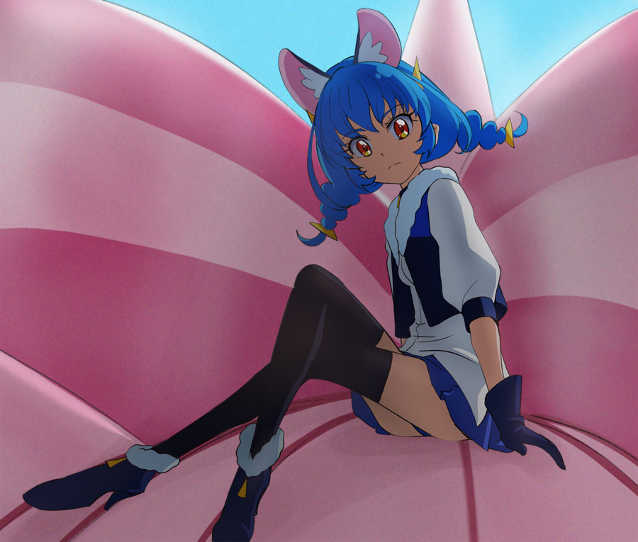 1girl animal_ears black_gloves black_legwear blue_cat blue_footwear blue_hair blue_panties blue_skirt cat_ears closed_mouth extra_ears eyebrows_visible_through_hair gloves haruyama_kazunori looking_at_viewer orange_eyes panties precure shoes short_hair sitting skirt solo star_twinkle_precure thigh-highs underwear yuni_(precure)