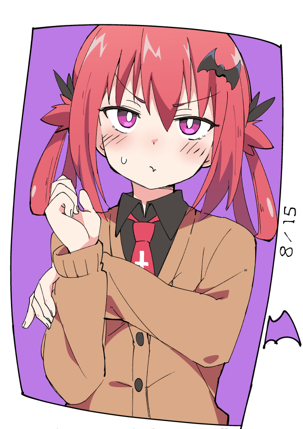 1girl bat_hair_ornament black_shirt blush dated eyebrows_visible_through_hair gabriel_dropout hair_ornament hair_rings ixy kurumizawa_satanichia_mcdowell long_sleeves necktie purple_background red_neckwear redhead shirt short_hair solo violet_eyes