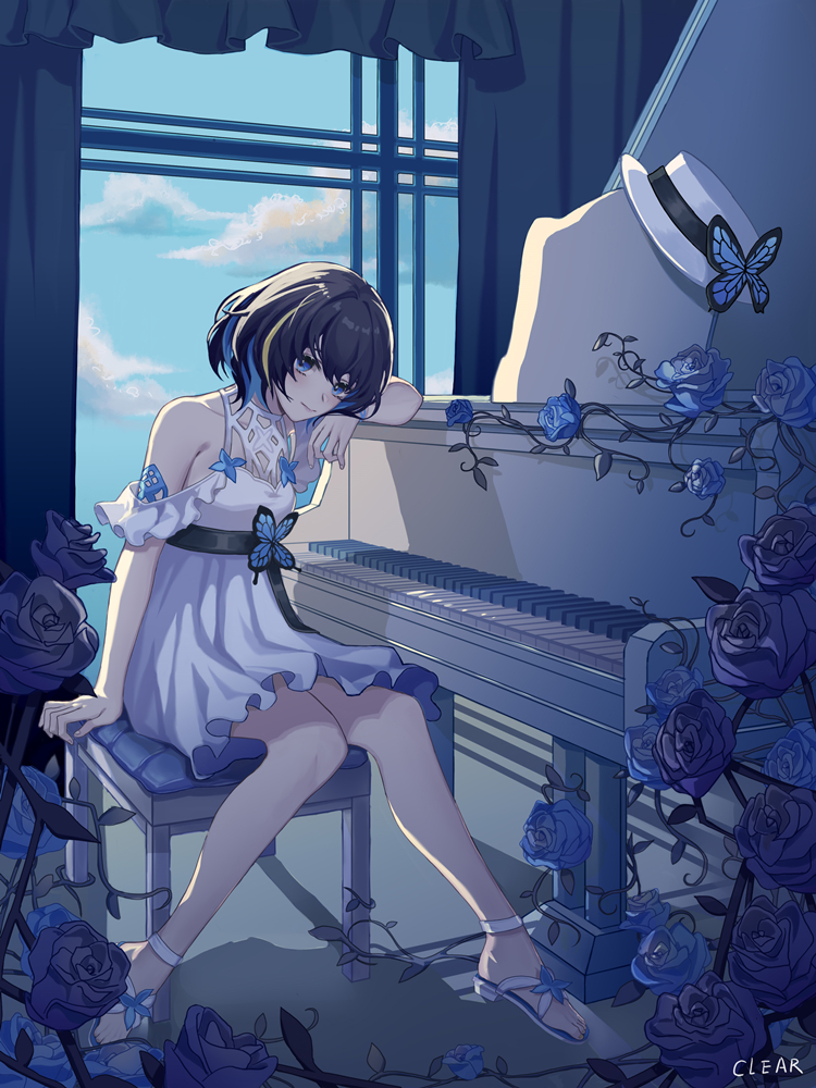 1girl black_hair blue_butterfly blue_eyes blue_hair blue_sky breasts bug butterfly curtains day dress flower hat hat_removed headwear_removed honkai_(series) honkai_impact_3rd indoors insect instrument looking_at_viewer medium_breasts multicolored_hair piano piano_bench sandals seele_vollerei shadow short_hair sitting sky solo two-tone_hair user_iza2829 white_dress window
