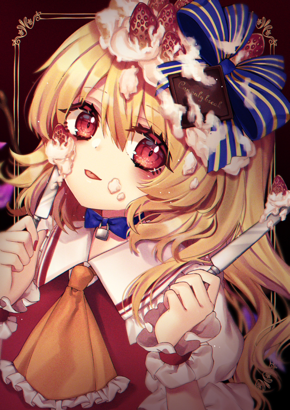 1girl :p ascot bangs blonde_hair blue_bow blue_choker blush bow brown_background chocolate choker commentary_request dual_wielding eyebrows_visible_through_hair flandre_scarlet food food_on_face frilled_shirt_collar frills fruit hair_between_eyes hair_bow hands_up highres holding holding_knife icing knife kyouda_suzuka long_hair looking_at_viewer no_hat no_headwear one_side_up outside_border puffy_short_sleeves puffy_sleeves red_eyes ribbon_choker shirt short_sleeves solo strawberry striped striped_bow tongue tongue_out touhou upper_body white_shirt wrist_cuffs yellow_neckwear