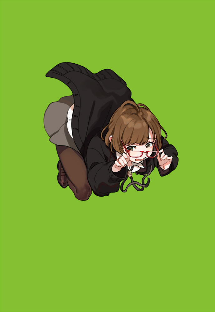 1girl black_cardigan brown_footwear brown_hair brown_legwear cardigan collared_shirt glasses green_background grey_eyes grey_skirt loafers long_sleeves open_cardigan open_clothes open_mouth original pantyhose pleated_skirt red-framed_eyewear school_uniform shirt shoes simple_background skirt sleeves_past_wrists solo white_shirt yuu_(higashi_no_penguin)