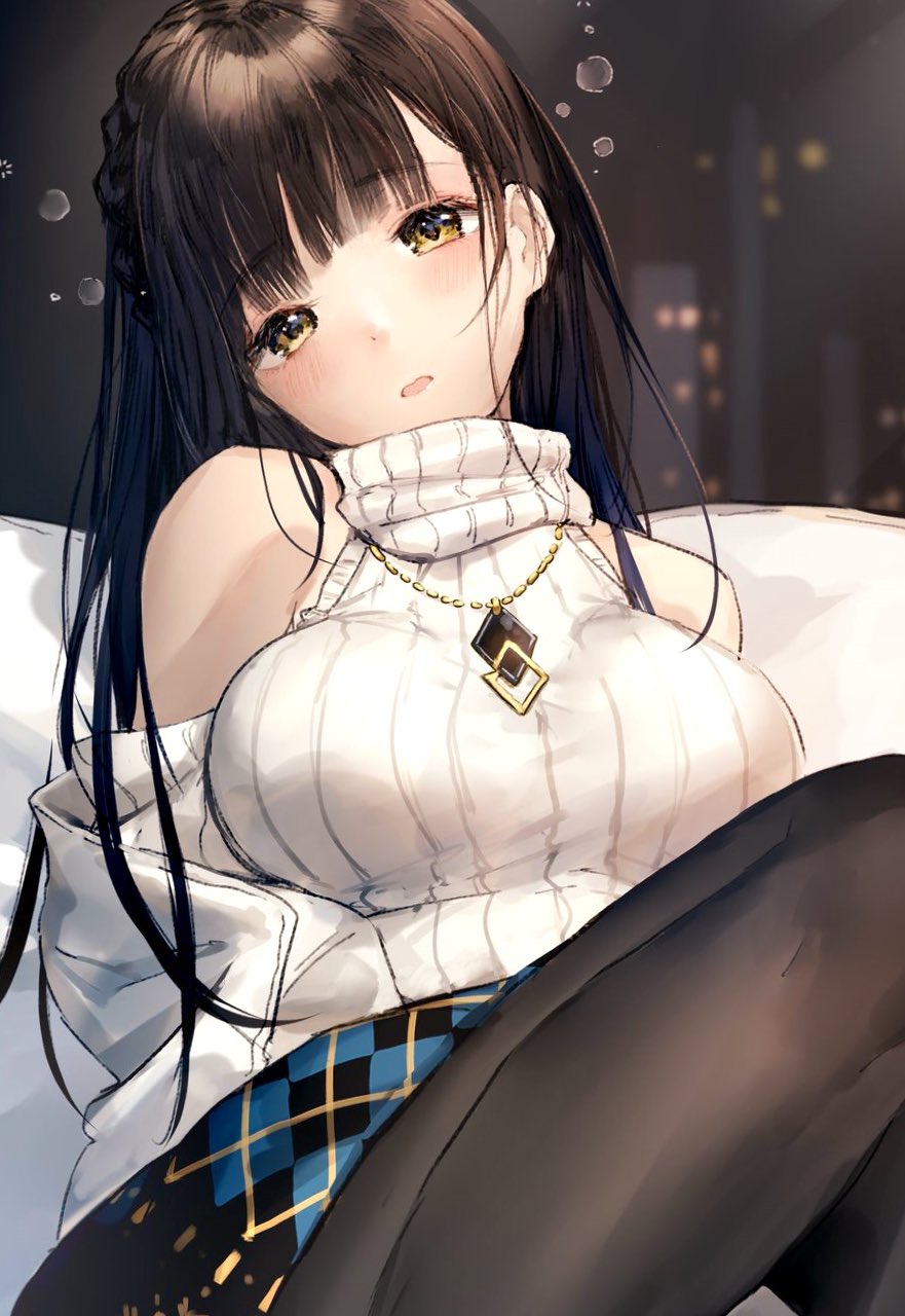 1girl bangs black_hair black_legwear blue_skirt blush braid breasts character_request commentary_request copyright_request detached_sleeves head_tilt highres jewelry large_breasts necklace off_shoulder pantyhose plaid plaid_skirt ribbed_sweater side_braid skirt sleepy sleeveless sleeveless_turtleneck solo sweater takeashiro turtleneck white_sweater yellow_eyes
