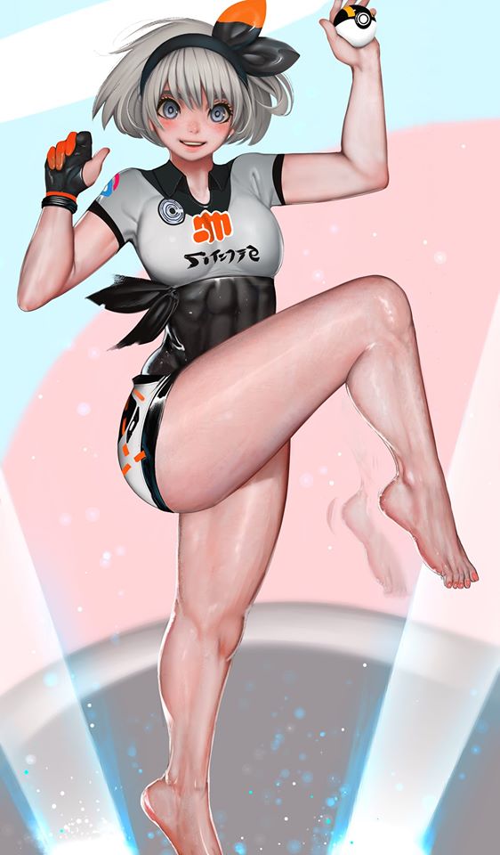 1girl bea_(pokemon) breasts gloves grey_eyes headband leg_up medium_breasts muscular_female poke_ball pokemon pokemon_(game) pokemon_swsh randy_starfru1t silver_hair solo